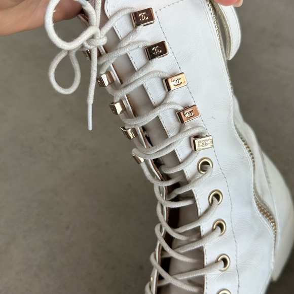 Chanel White Leather Lace-Up Boots - Picture 3 of 8